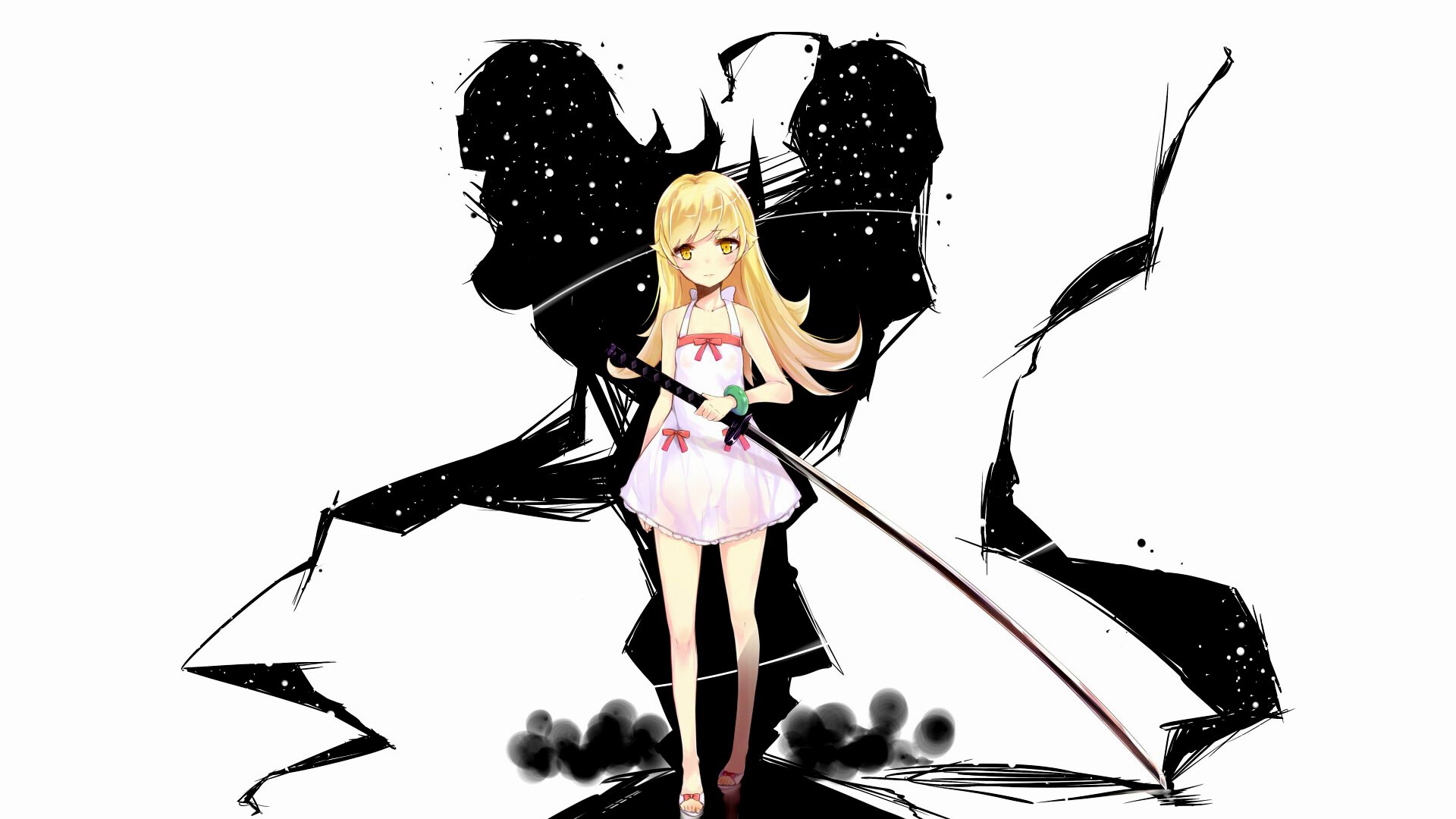 bakemonogatari nisemonogatari oshino shinobu sword weapon long hair