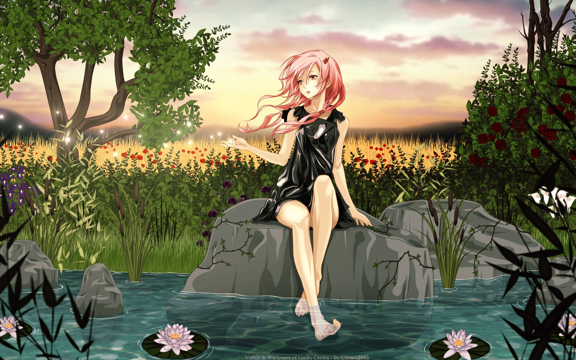 guilty crown yuzuriha inori girl pond water lilies stone tree flower