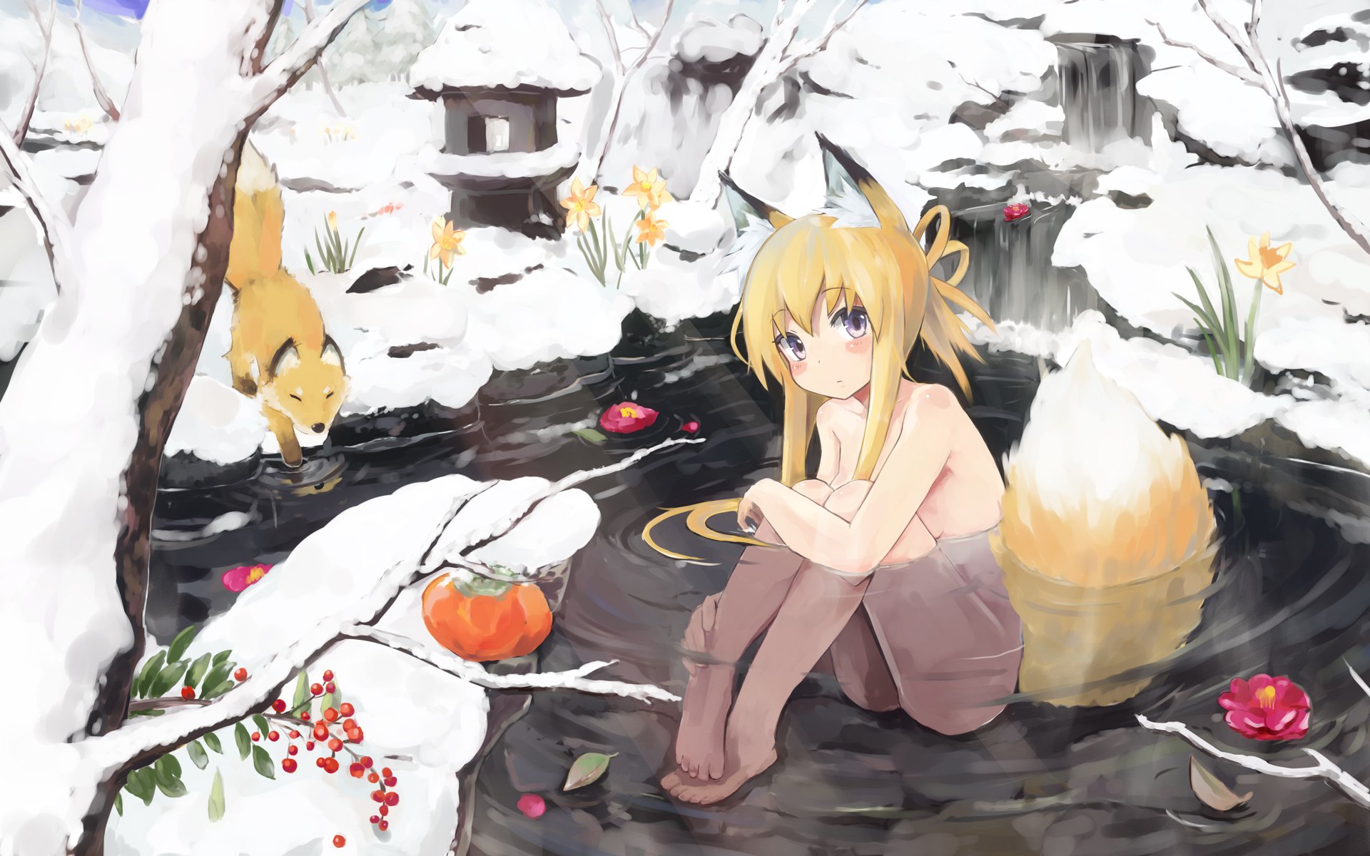 girl winter water fox fox neko ears tail berries snow flower