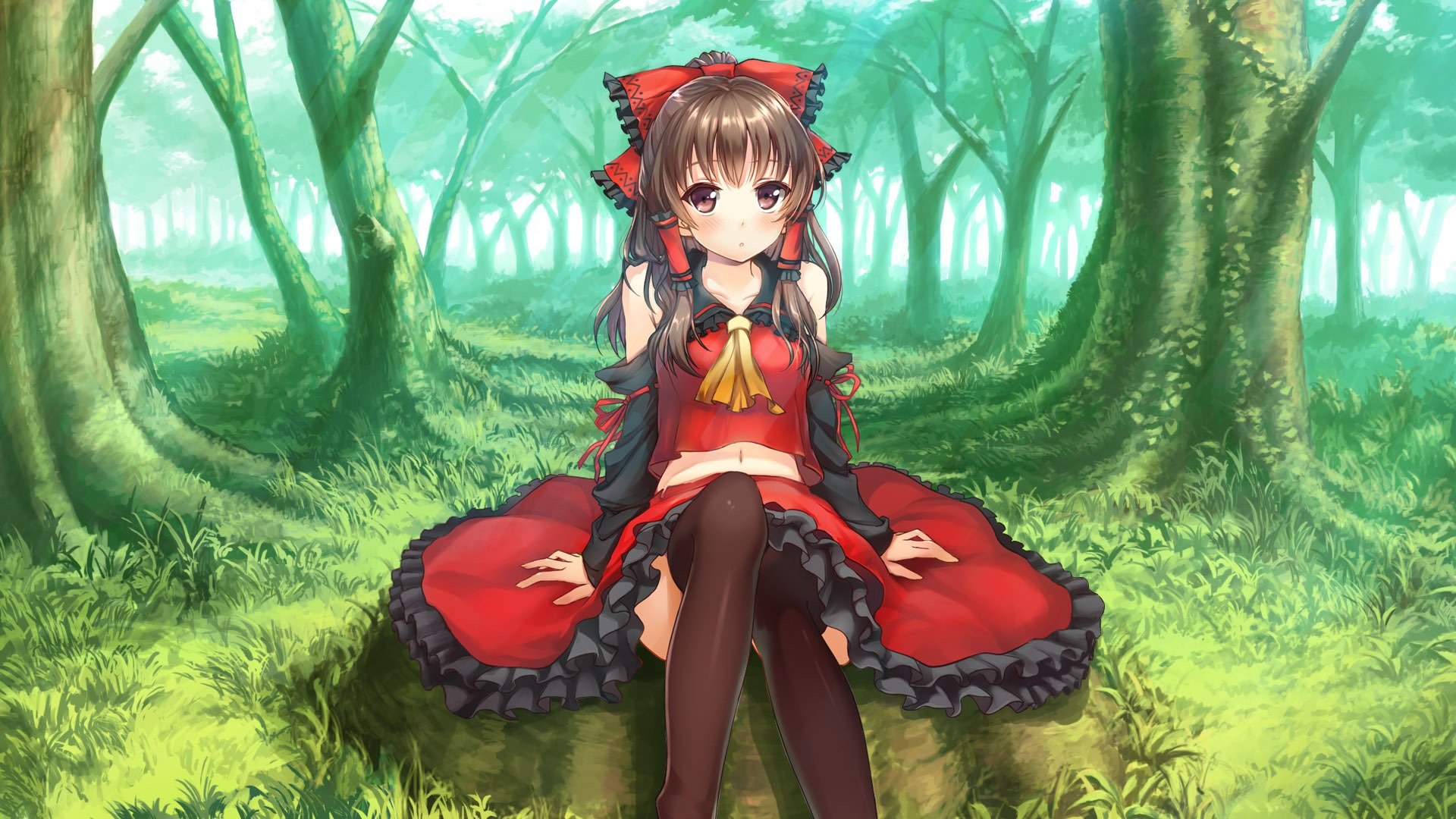 touhou hakurei reimu chica rubor ojos rojos cabello castaño falda medias sentado hombros descubiertos lazo para el cabello mangas separadas árboles