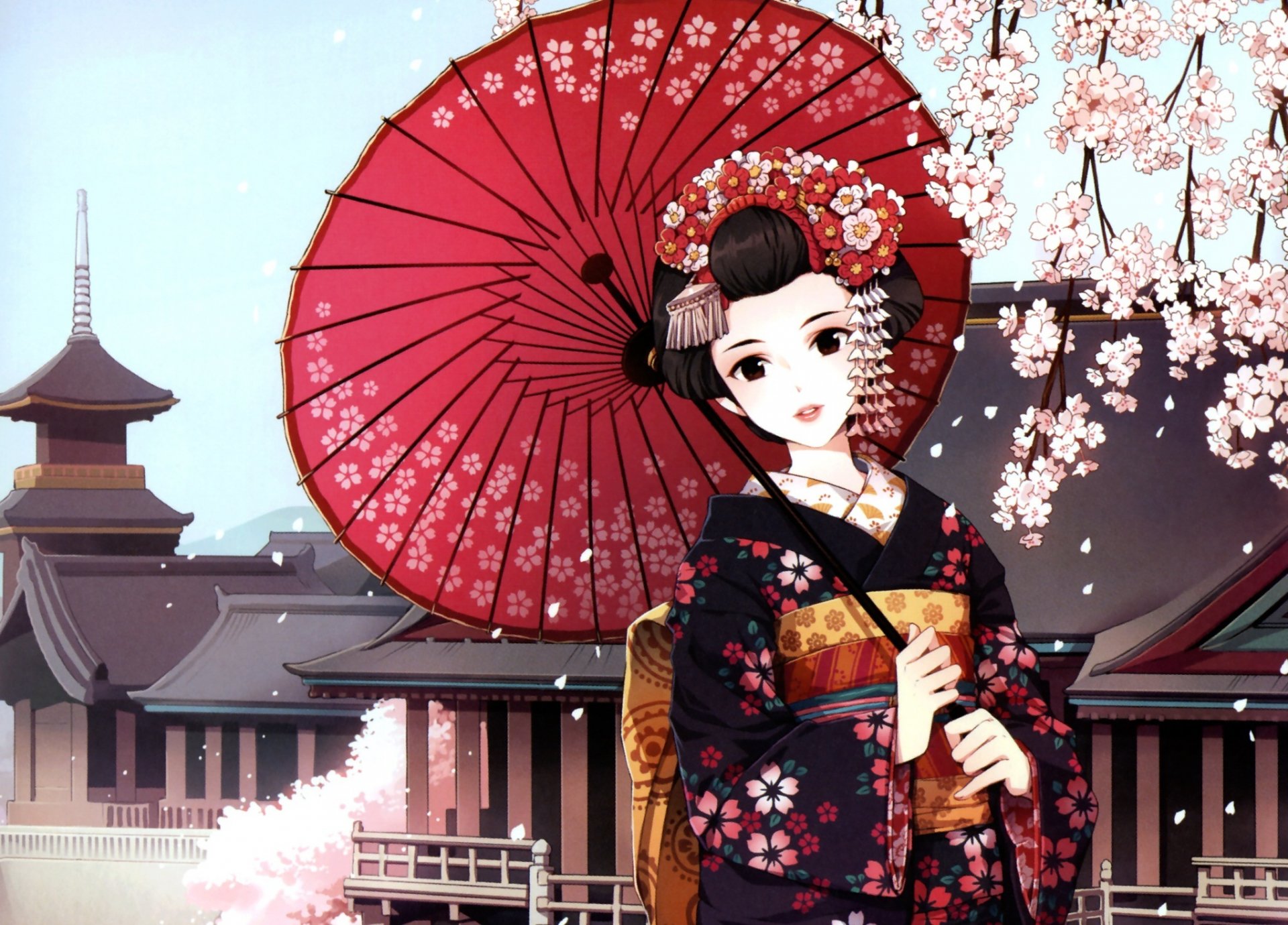 arte nardack chica geisha paraguas kimono sakura