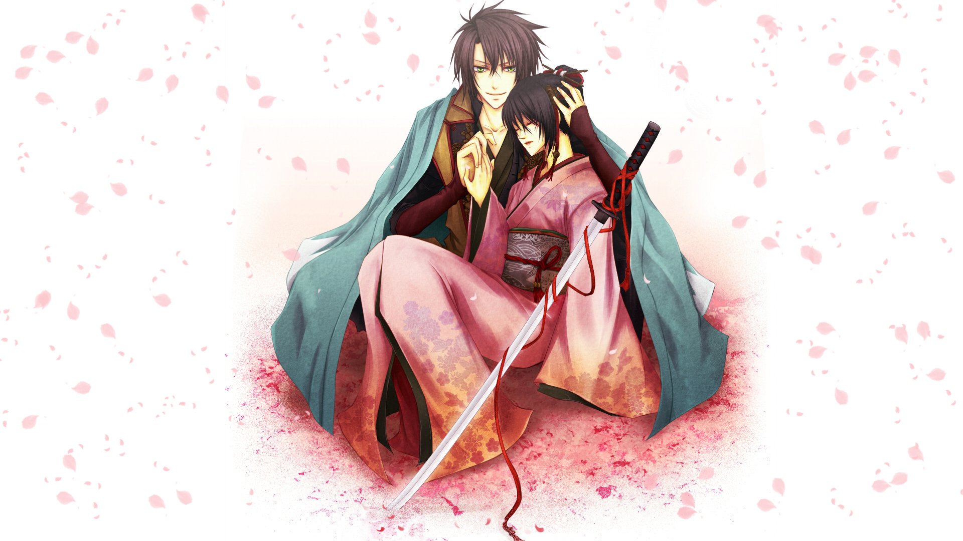 hakuouki okita souji yukimura chizuru demons pale cherry soji okita tidzuru yukimura guy girl kimono katana petals sakura red tape form