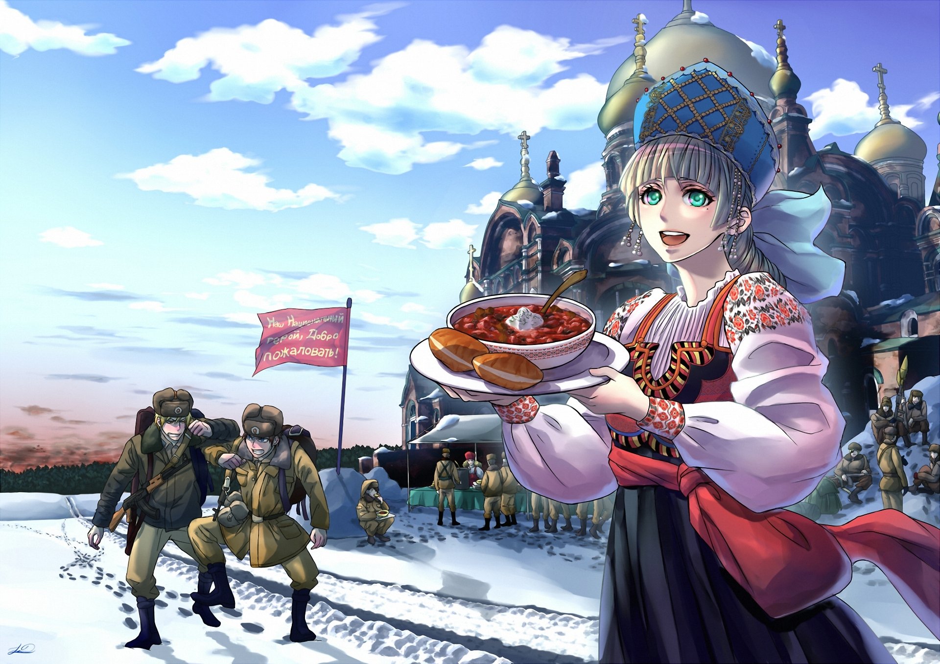 jungs mädchen russland tempel flagge krieg borschtsch essen kuchen schnee winter