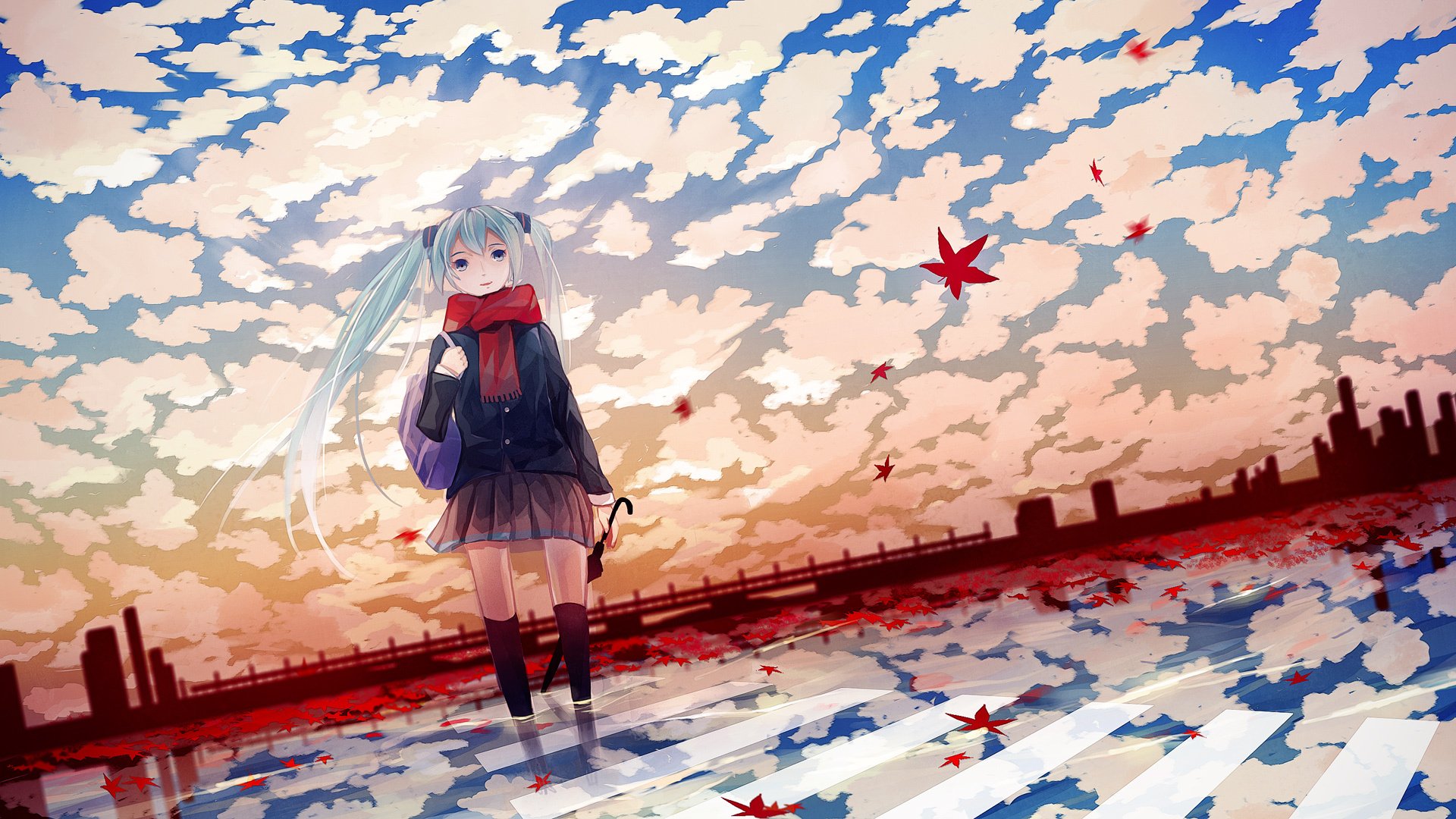 anime automne miku feuilles parapluie vocaloid fille