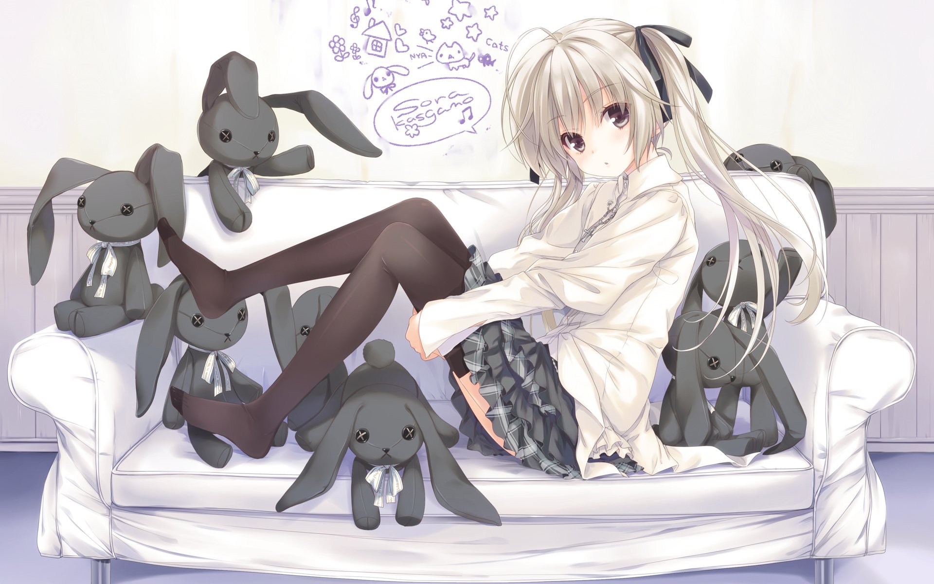 art ohara tometa yosuga no sora kasugano sora dziewczyna sofa zabawki królik napisy