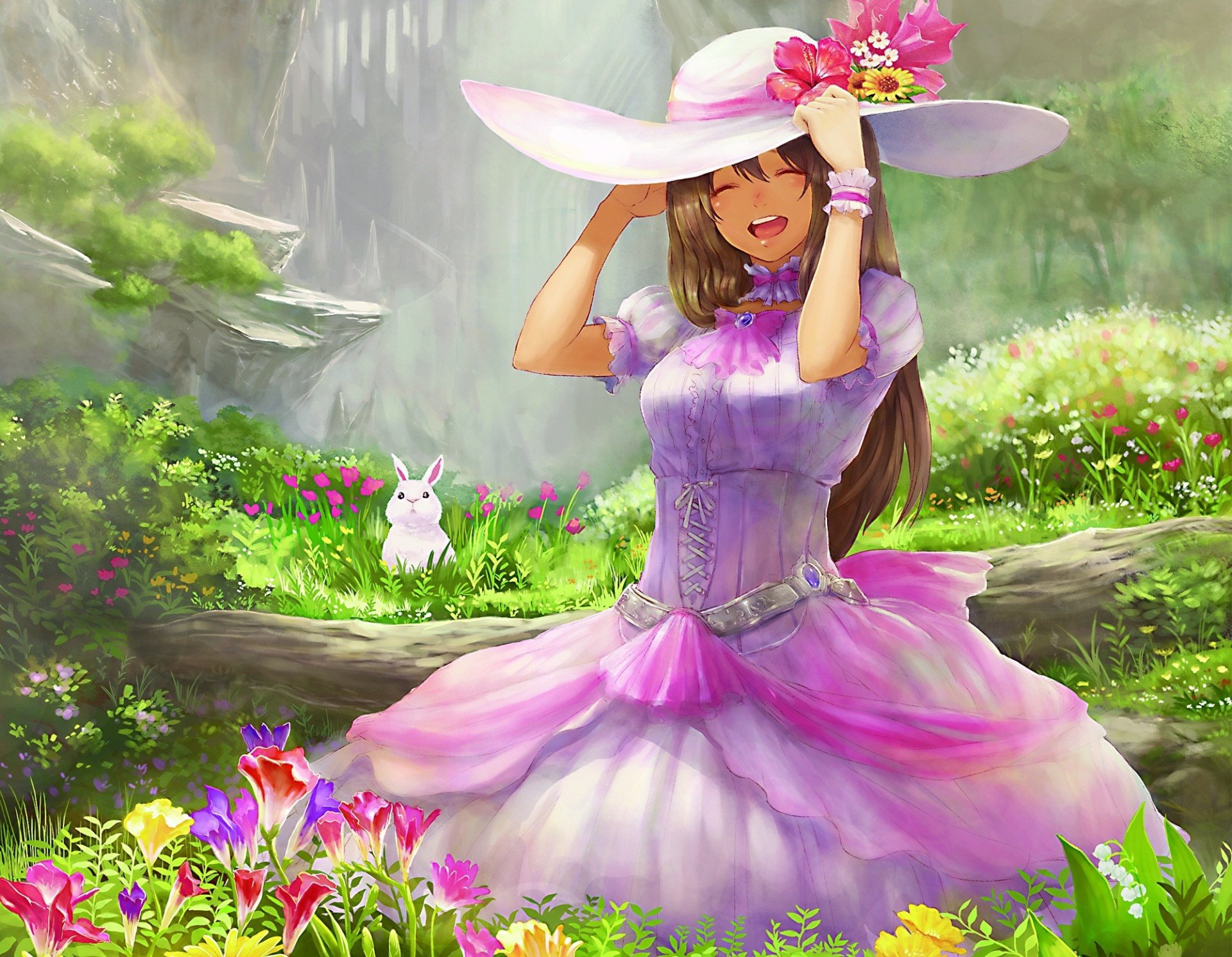 art guchico pixiv girl hat dress hare rabbit white emotions happiness log flower