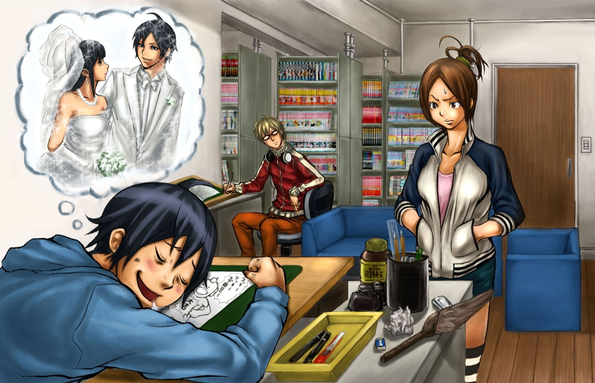 bakuman masiro moritaka akito takagi kaya miyoshi miho azuki jungs mädchen schlafen schlafen bräutigam braut zimmer freunde