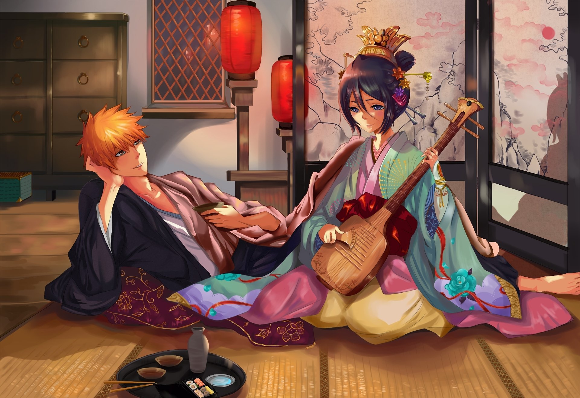 arte muza4370 candeggina ichigo kurosaki kuchiki rukia ragazza ragazzo kimono strumento musicale schermo torce elettriche