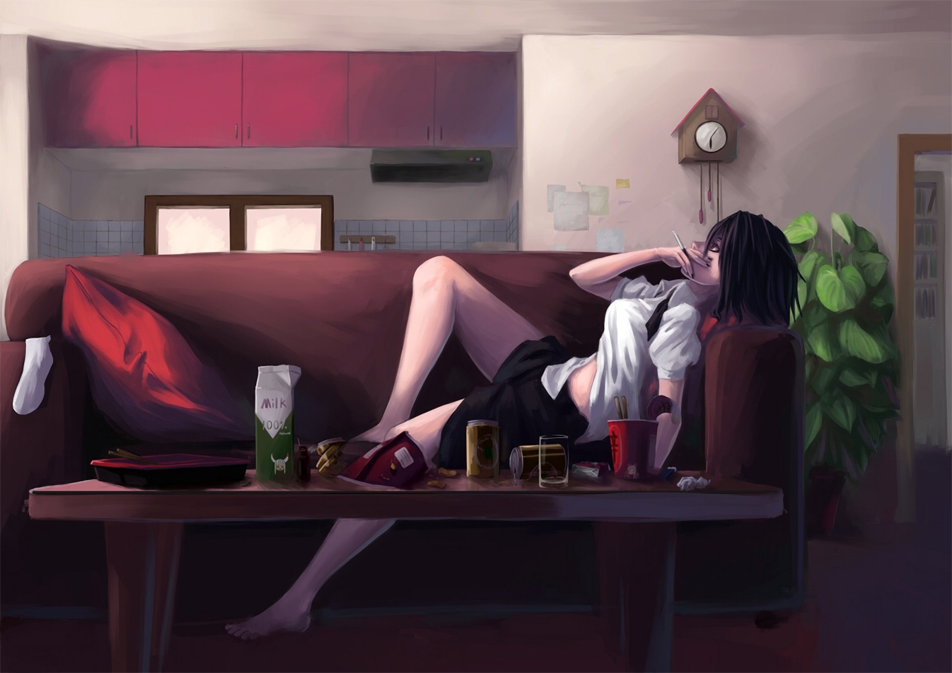 art touhou shameimaru aya girl is sofa cigarette food room