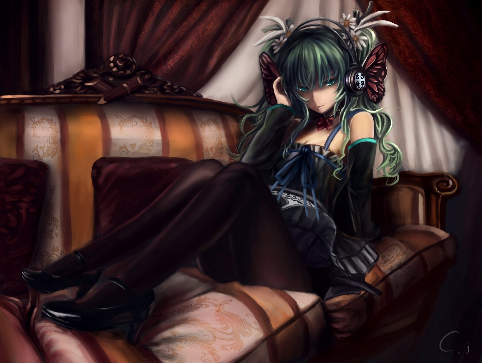 kunst cj mann hatsune miku vocaloid mädchen sofa kopfhörer blumen