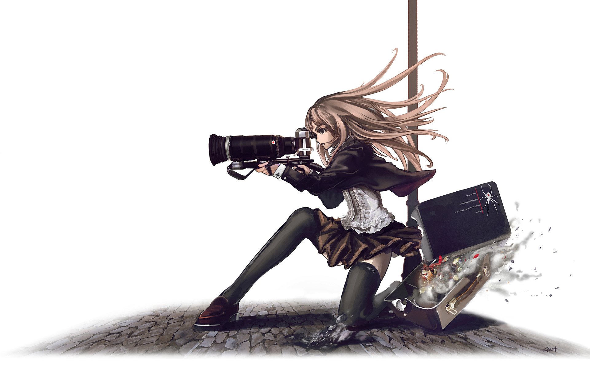 tennouzu kagura speed grapher girl camera photographs spider bridge stockings white background