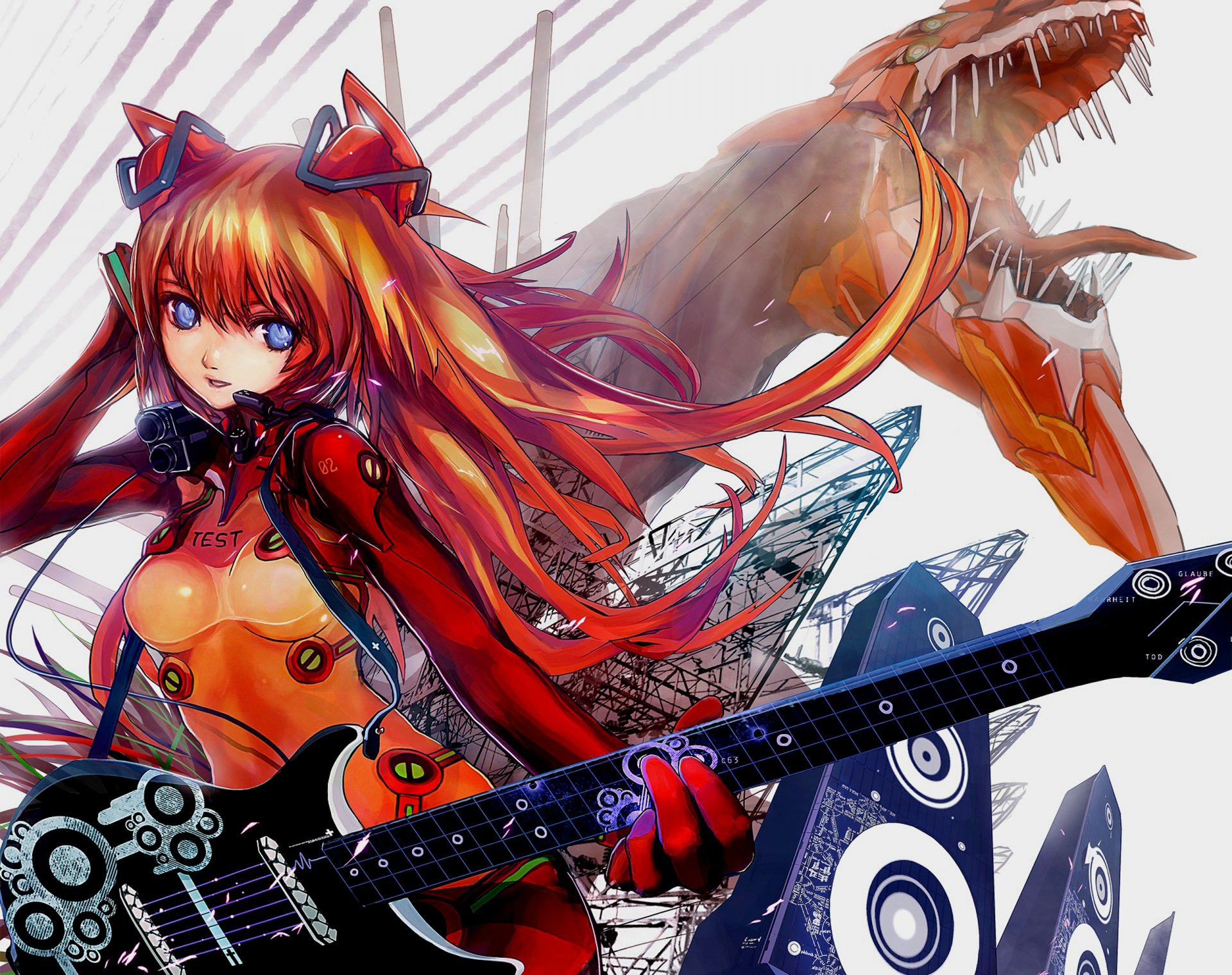 anime fille guitare haut-parleurs fils dragon cheveux neon genesis evangelion asuka langley soryu