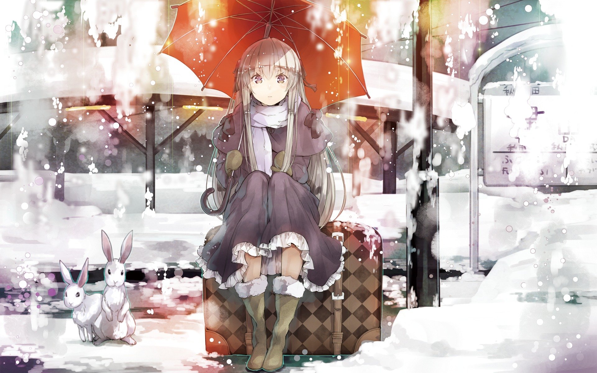 yosuga no sora kasugano sora fille robe yeux bruns assis cheveux argentés parapluie neige lapin