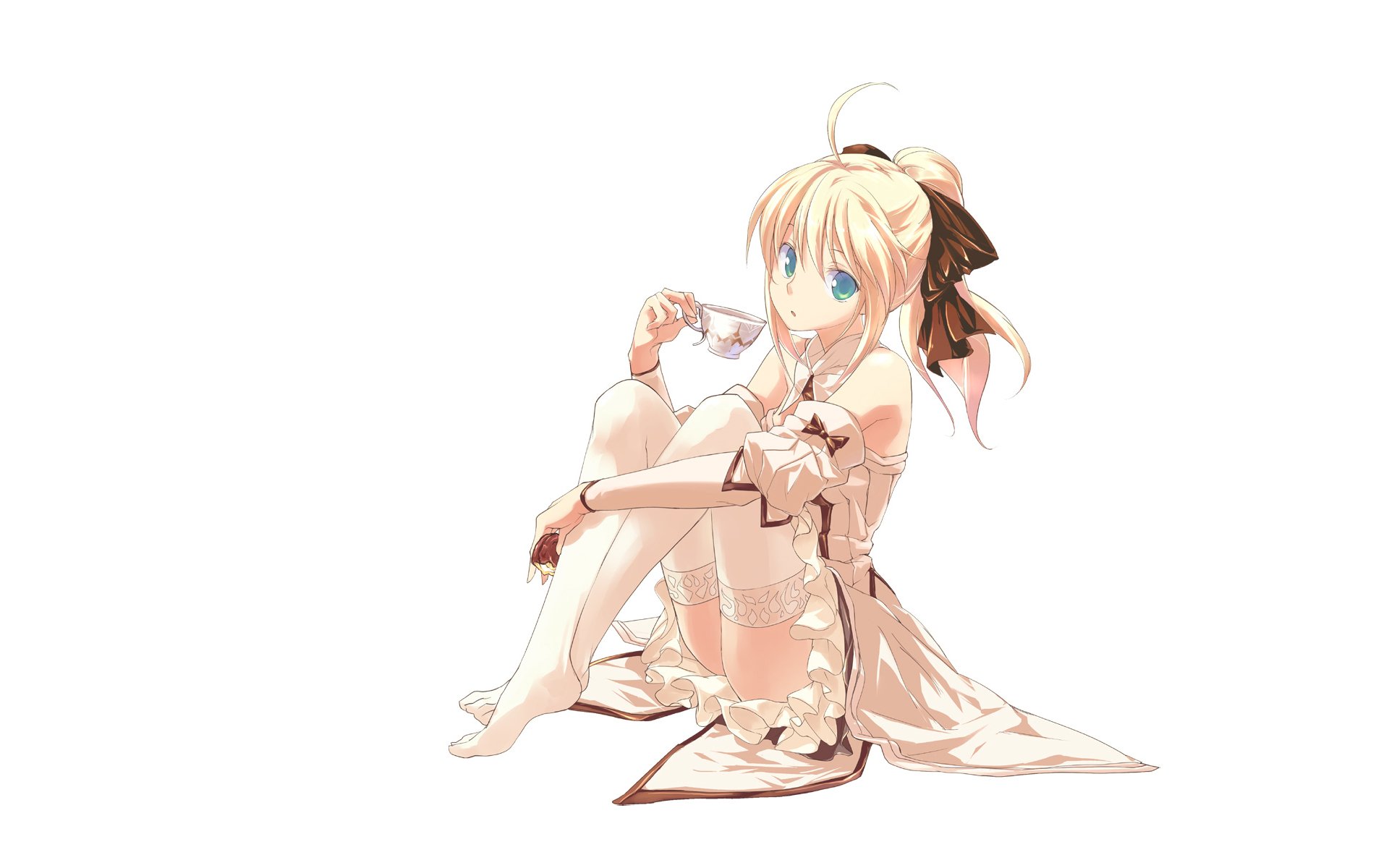 fate stay night saber lily girl view blonde sitting stockings white background