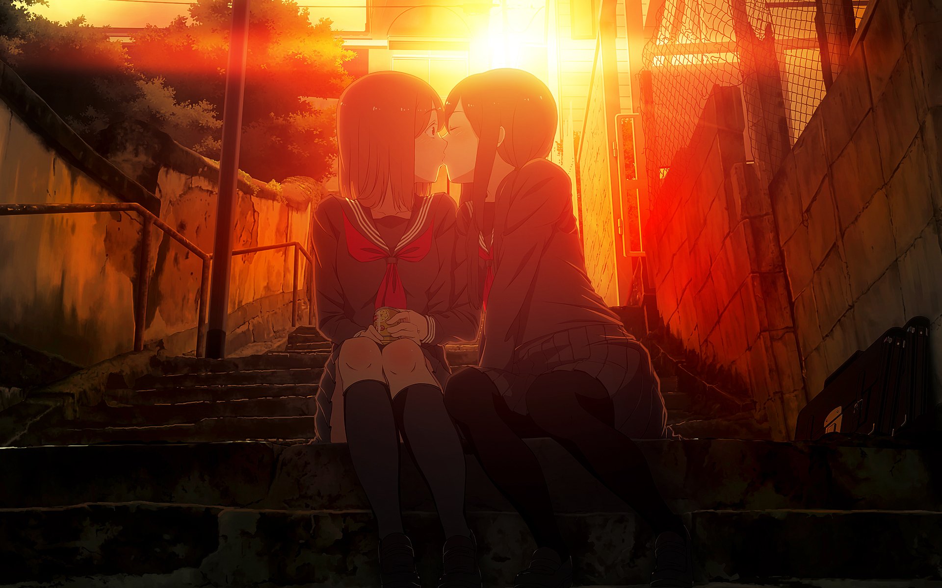 two girls kiss yuri yuri briefcase steps school uniform surprise sunset