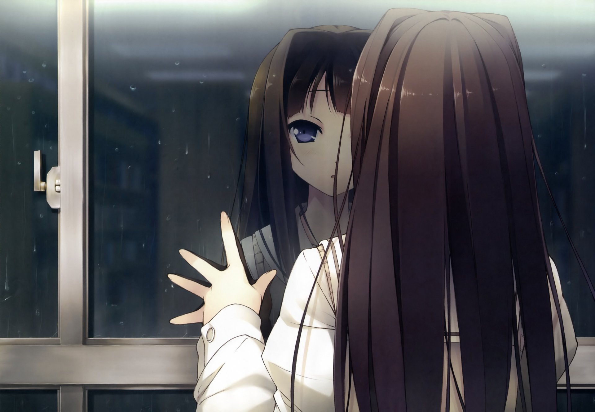 anime girl window reflection drops rain view