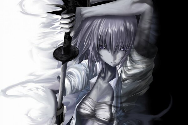 Schwarz-Weiß-Bild eines Mädchens mit einem Schwert