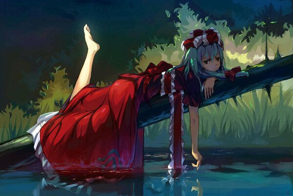 Anime touhou, el agua yace en un tronco