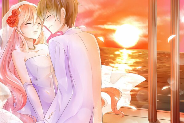 Anime, feliz pareja de recién casados en la playa