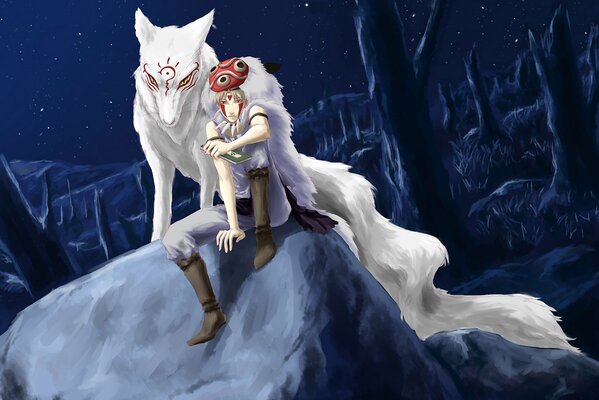 Der Kerl und der Wolf ruhen sich nachts aus und sitzen auf einem Stein