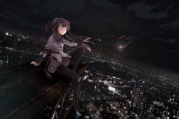 A girl on the roof of a building above the night city