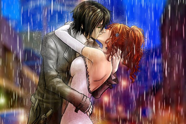 Couple embrassant sous la pluie