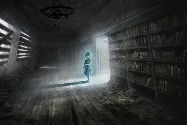 A girl in an abandoned library. Art