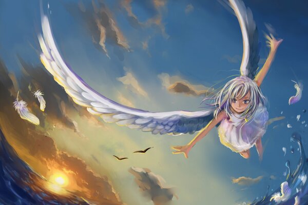 Anime art with an angel girl flying over the sea