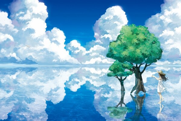 Riflessione della ragazza dell albero e delle Nuvole nell acqua
