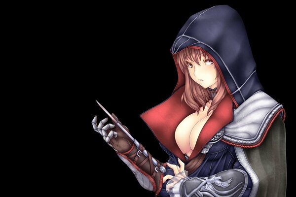 Hooded girl with a knife on a black background