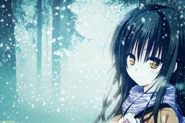 In a snowfall, a girl with him with a scarf