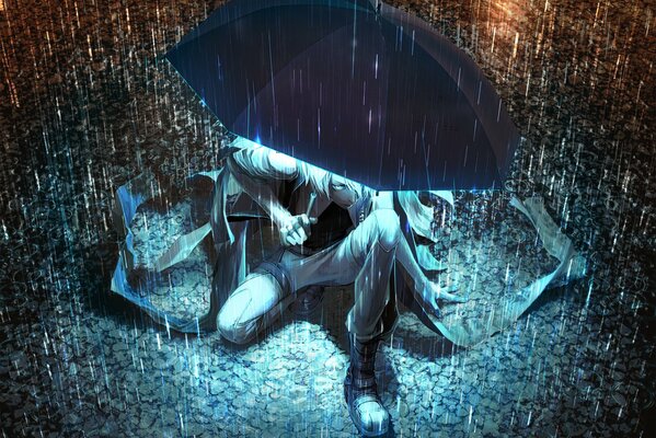 The guy escapes from the rain with an umbrella