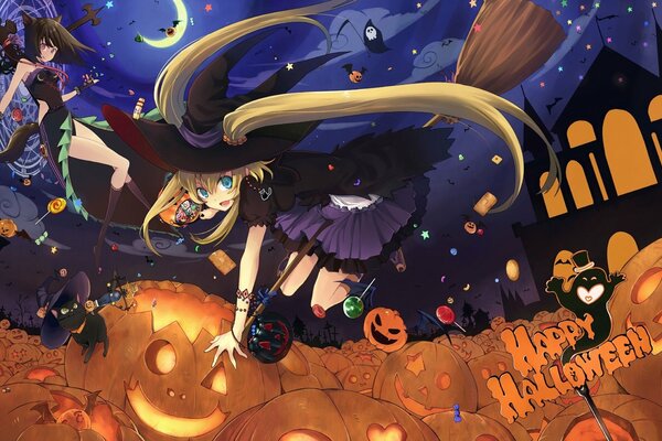 Anime, la bruja con el sombrero en la escoba en la noche de Halloween