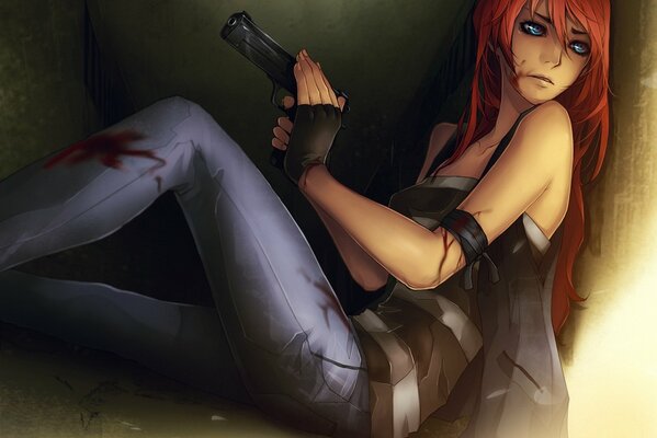 Red-haired girl with a gun behind the wall