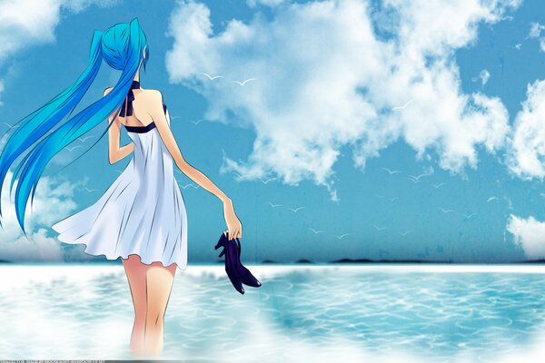 A girl without shoes on the background of the sea