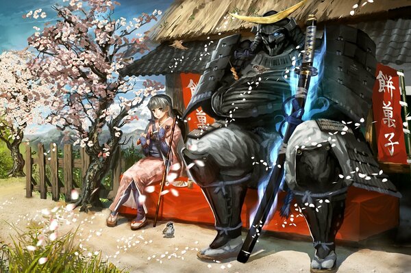 Una chica con un guerrero Samurai. Anime fantasía