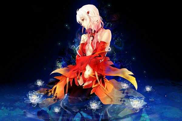 Anime fille aux cheveux roses dans la rivière de nuit avec des Lotus