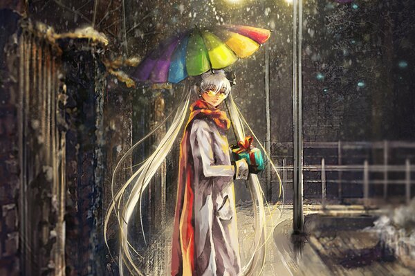 Anime Mädchen unter einem farbigen Regenschirm