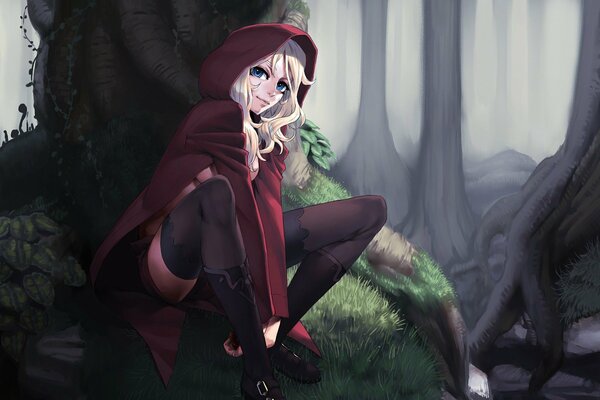 Art sur le petit Chaperon rouge avec une fille aux cheveux blancs