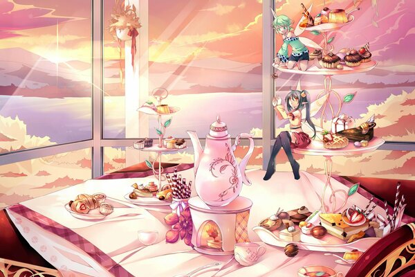 Anime-Feen-Charaktere an einem großen Tisch mit Teetassen und Süßigkeiten