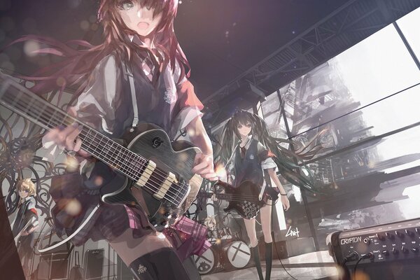 Die Vocaloids von Miku und Luka in Schuluniform und mit Gitarren