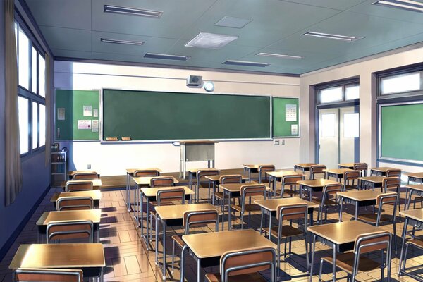 Salle de classe vide scolaire avec bureaux et tableau noir