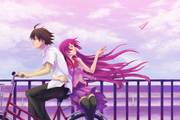 A girl with long purple hair rides a bike with a guy