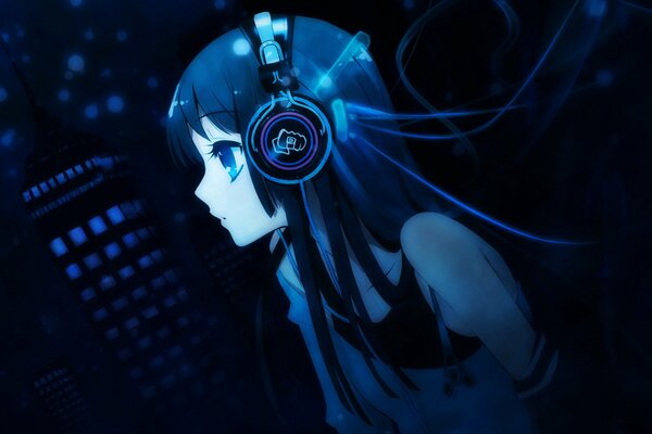 Anime girl with headphones in blue