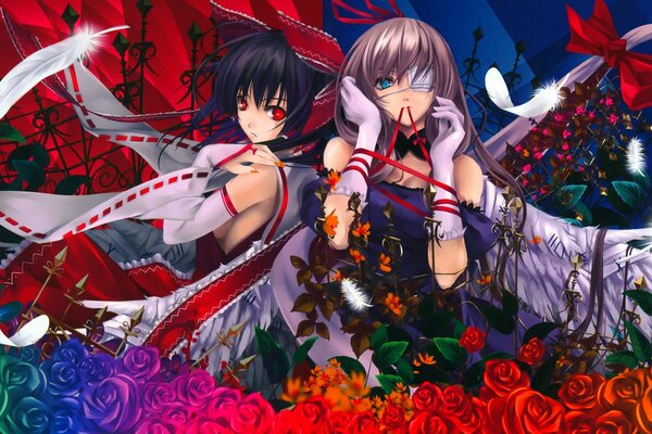 Art painting. Girls misaki kurehito, touhou, hakurei reimu, yakumo yukari with roses, ribbons