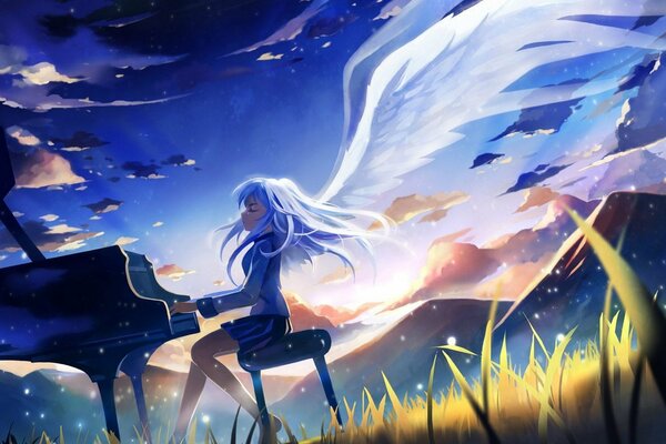 Art picture of a beautiful girl with wings at the piano