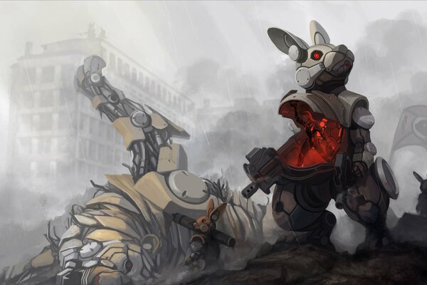 Anime, robot rabbit on the ruins