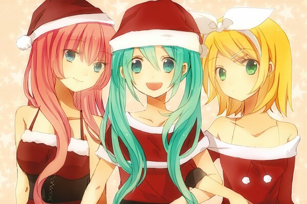 Drei anime-Mädchen in Weihnachtskostümen