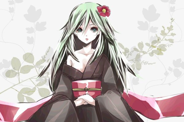 Chica hatsune miku con una flor en la cabeza, en un kimono