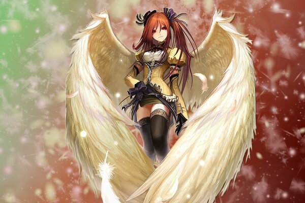 Anime art of angel girl with big white wings